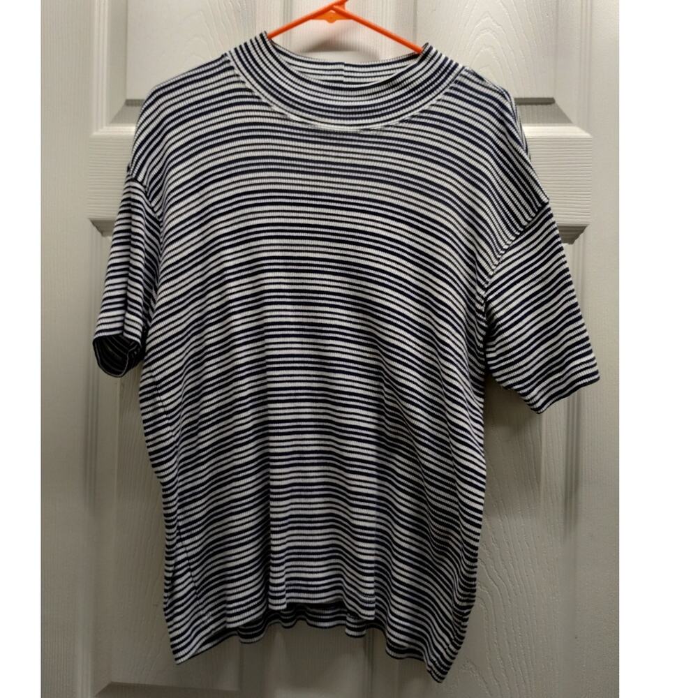 Vintage Talbots Size Large Navy Blue White Stripe Sweater-Texture Cotton T-Shirt